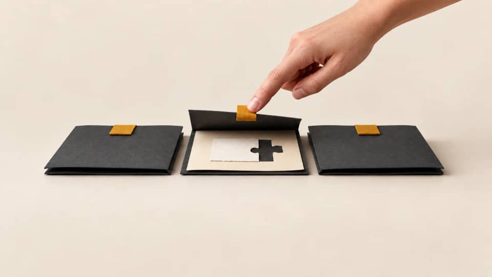A mustard tab singles out one charcoal folio, opened by a fingertip to reveal an unfinished cream patch.