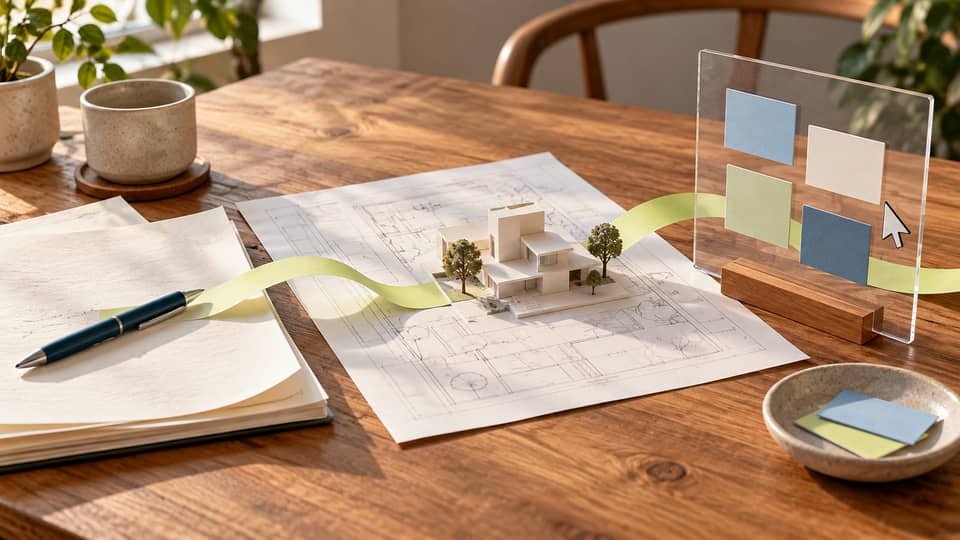 A manuscript, architectural drawing with a paper building, and symbolic app records share a sunlit worktable.