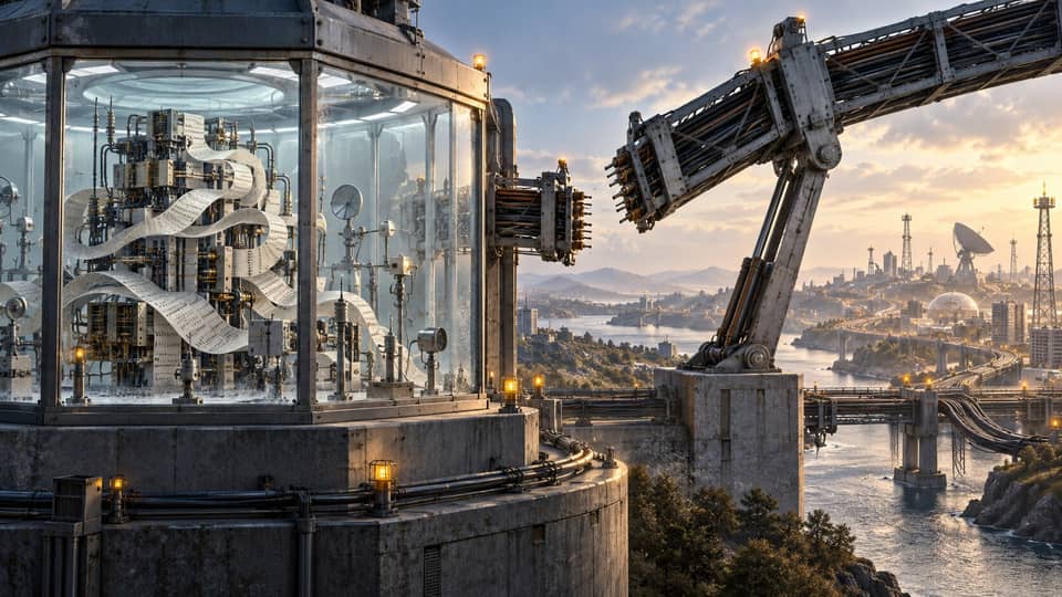 A sealed AI evaluation chamber is disconnected from a bridge leading to a live networked landscape.