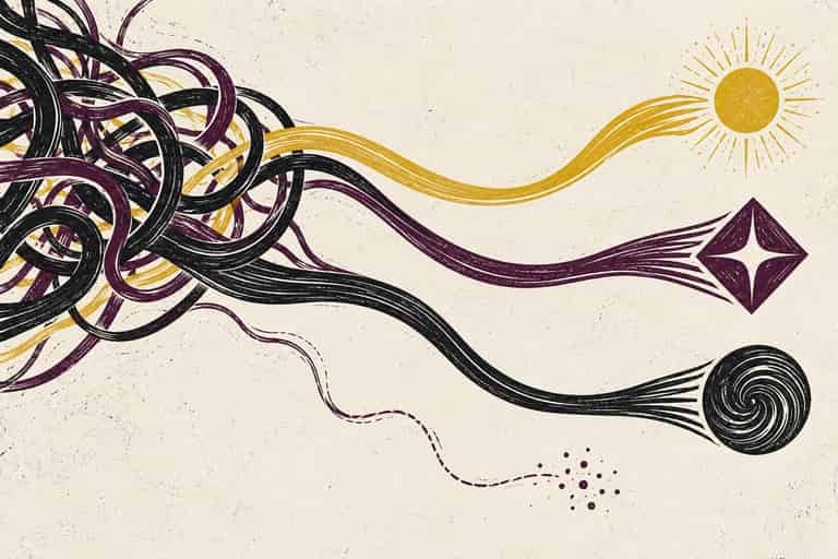 Original linocut illustration of tangled strands resolving into distinct plum and gold routes, with one unresolved path.