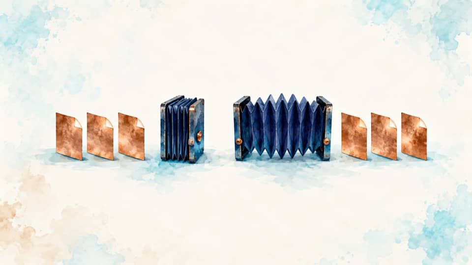 A folded indigo bellows and an expanded one each wait beside an identical batch of three copper leaves.