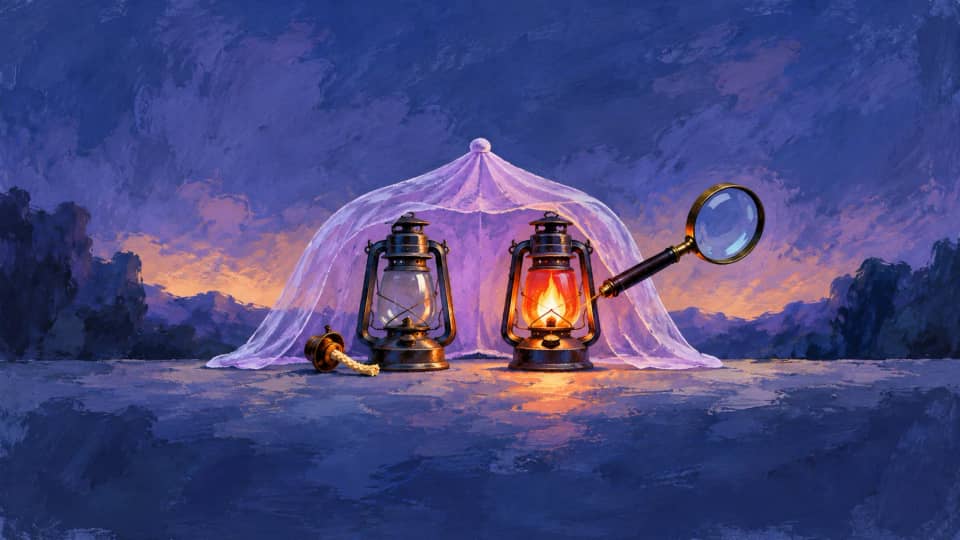 Two lanterns share a lifted canopy; one is unlit while the other remains lit with its own exposed handle.