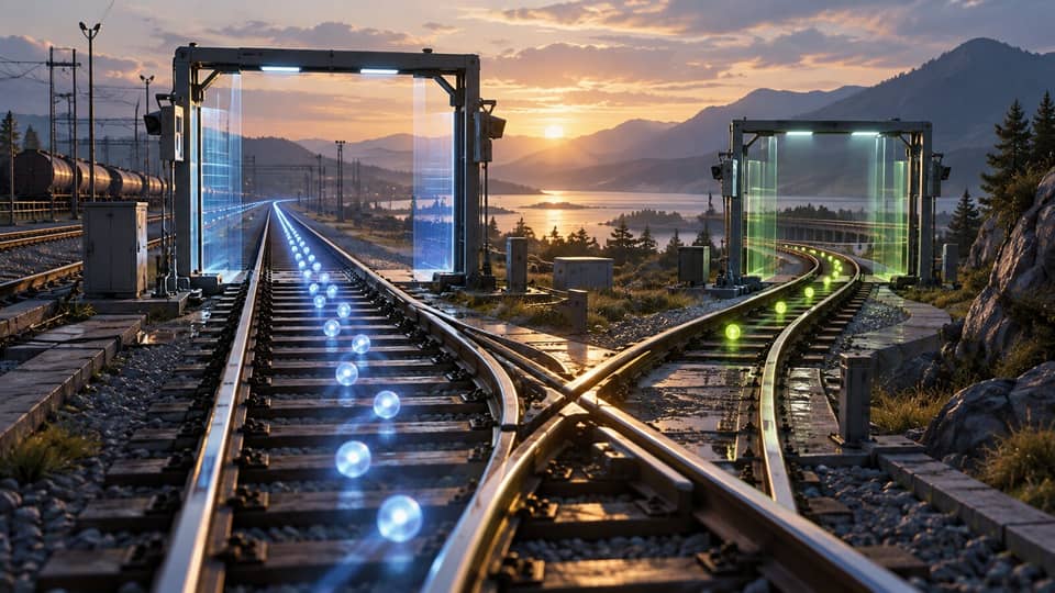 A railway junction sends one train along a stable main route and another through a measured canary route with inspection markers.