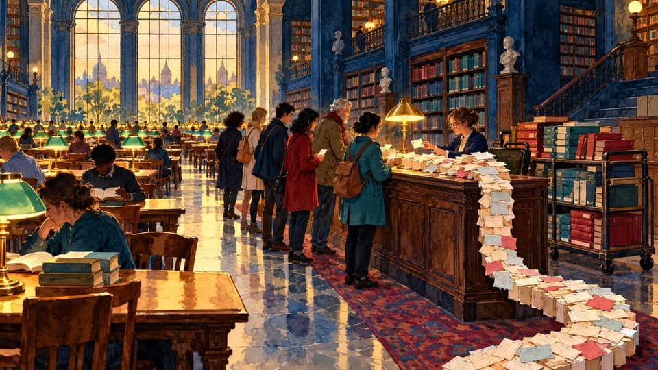 Conceptual watercolor library with query requests crowding a desk while a separate update trolley waits.
