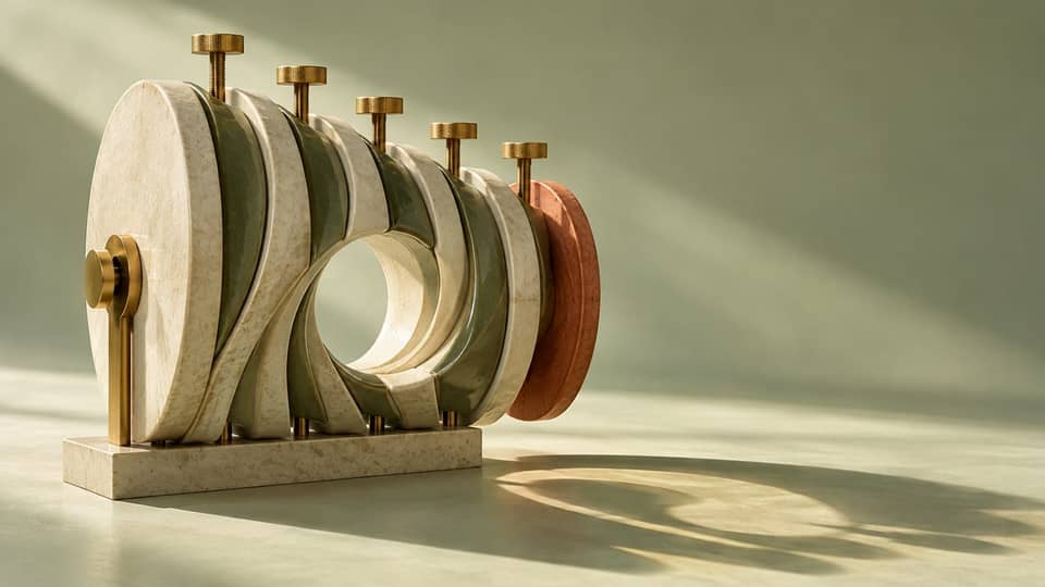 An invented ceramic calibration sculpture with brass screws set at different heights and a terracotta disc offset from an ivory and sage stack.