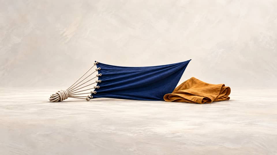 Eight cords pull one indigo fabric sail taut while a second ochre sail remains folded beside it.