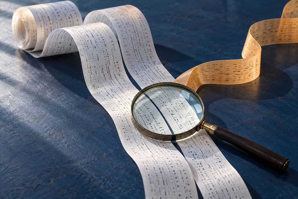 Conceptual paper evidence strips beneath a magnifying glass on a navy table, with an amber strip branching away.