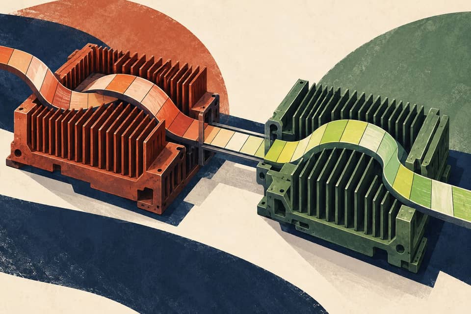 A continuous segmented ribbon passes through separate terracotta and green heat sinks joined by a narrow bridge.