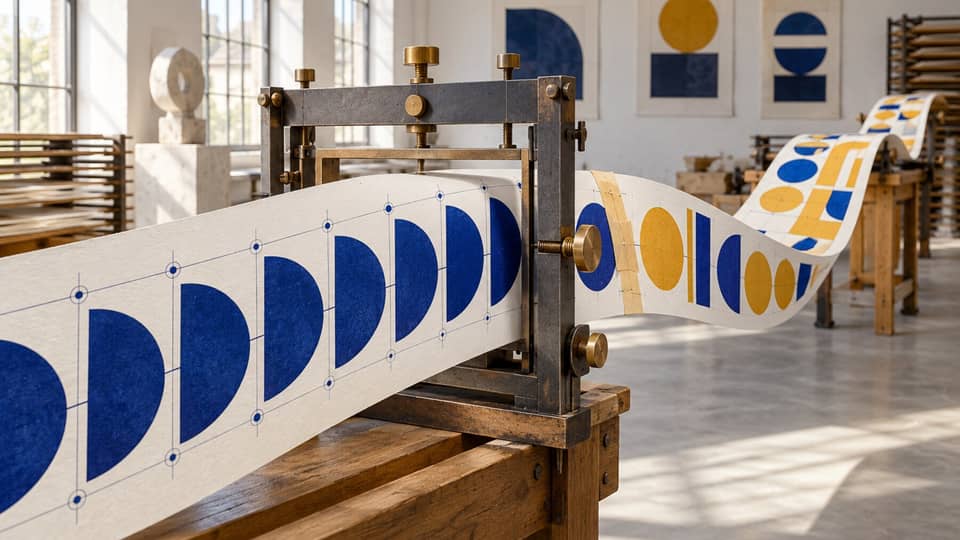 A long paper ribbon passes through a printmaking frame, repeating a blue pattern until one splice changes the downstream pattern to yellow.