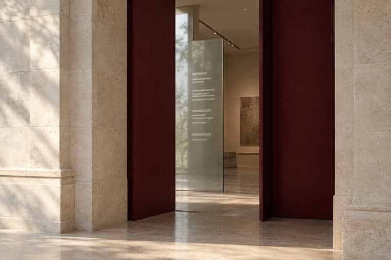 Conceptual museum entrance with a burgundy screen framing a translucent directory.