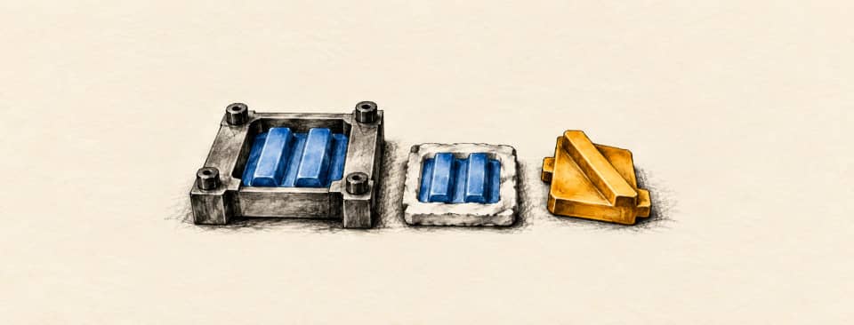 A fixture holds a blue ribbed insert beside its matching impression, while an amber replacement waits outside.
