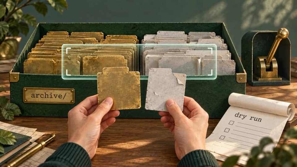 Conceptual illustration of mixed archive objects selected for review beside a dry-run report and action lever.