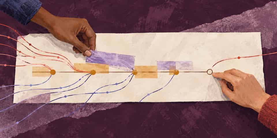 Conceptual illustration of two people adding evidence to a shared incident timeline while keeping an unresolved point visible.