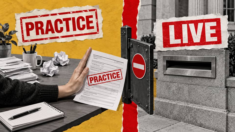 A constructed collage separates a practice form from a live submission slot with a closed physical gate.