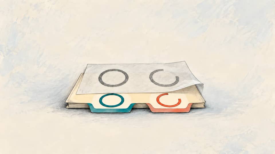 A lifted drafting sheet repeats an intact teal loop and an open coral loop from the incident source folio beneath it.