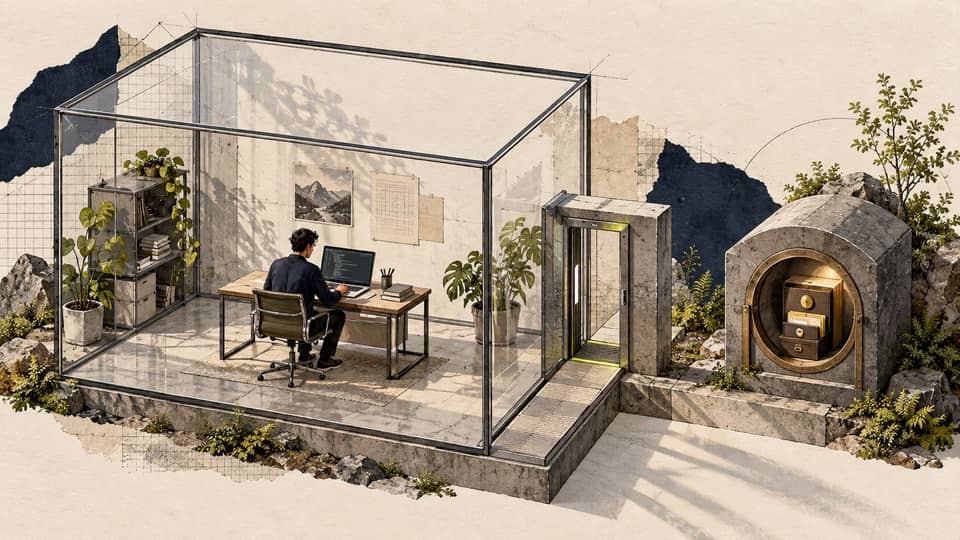 An enclosed workspace has a narrow exit beside a separate vault, illustrating an agent working inside a controlled environment while credentials stay outside.