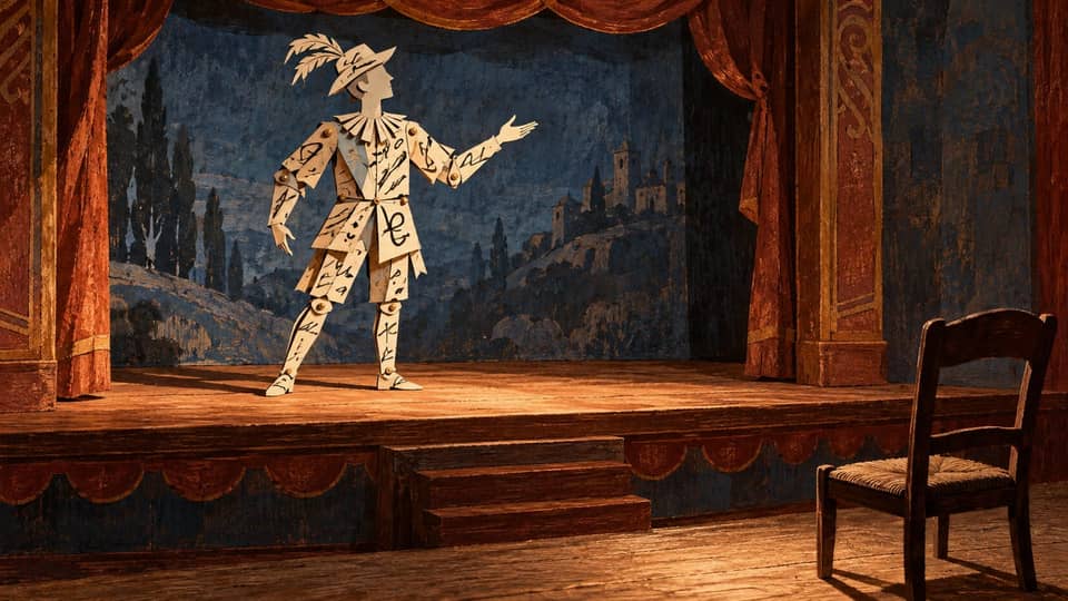 An articulated paper actor covered in abstract ink marks stands on a miniature theatre stage, apart from an empty audience chair.