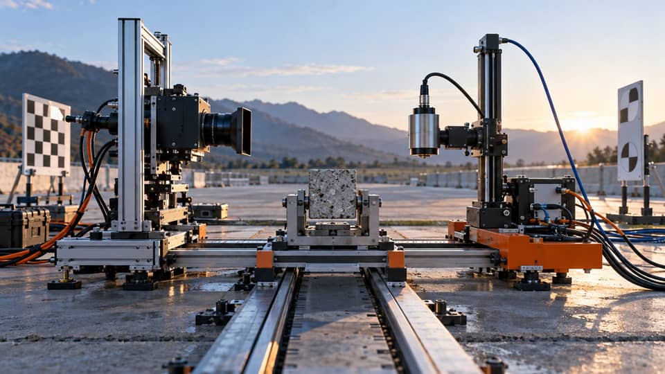 One mechanical specimen is measured by two visibly different field rigs, emphasizing that the instruments change the comparison.