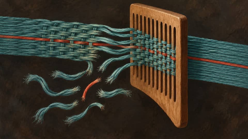 A teal woven ribbon passes through a wooden comb while loose fibers, including a red strand, fall away from the weave.