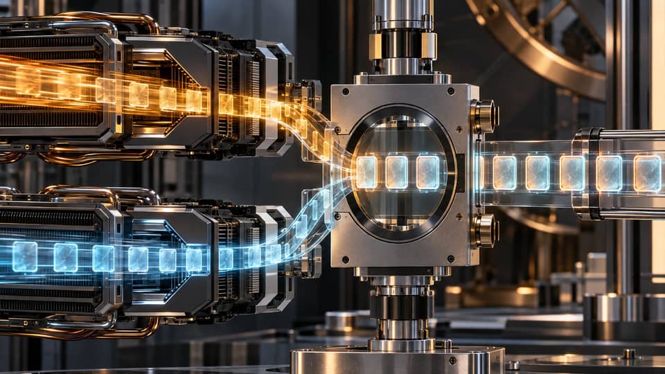 A precision laboratory compares amber and blue token streams through matching instruments before a separate speed gauge.