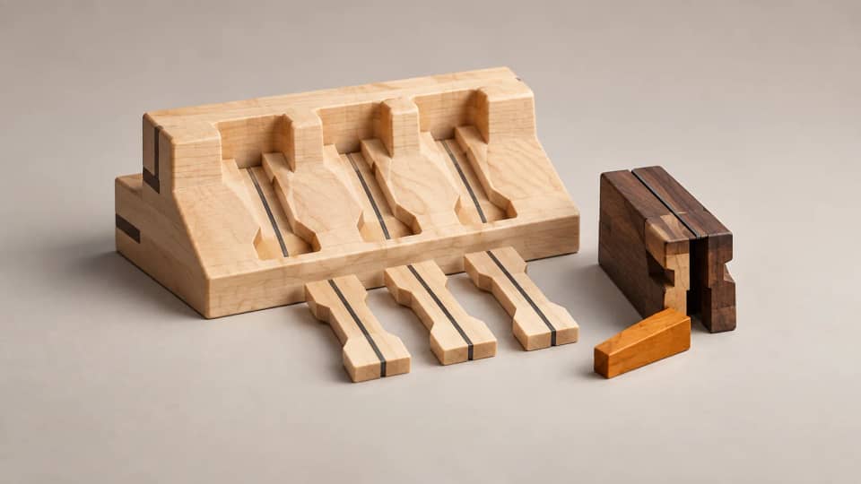 A large maple jig sits beside thin repeated pieces and an amber wedge needed to finish a dark assembly.