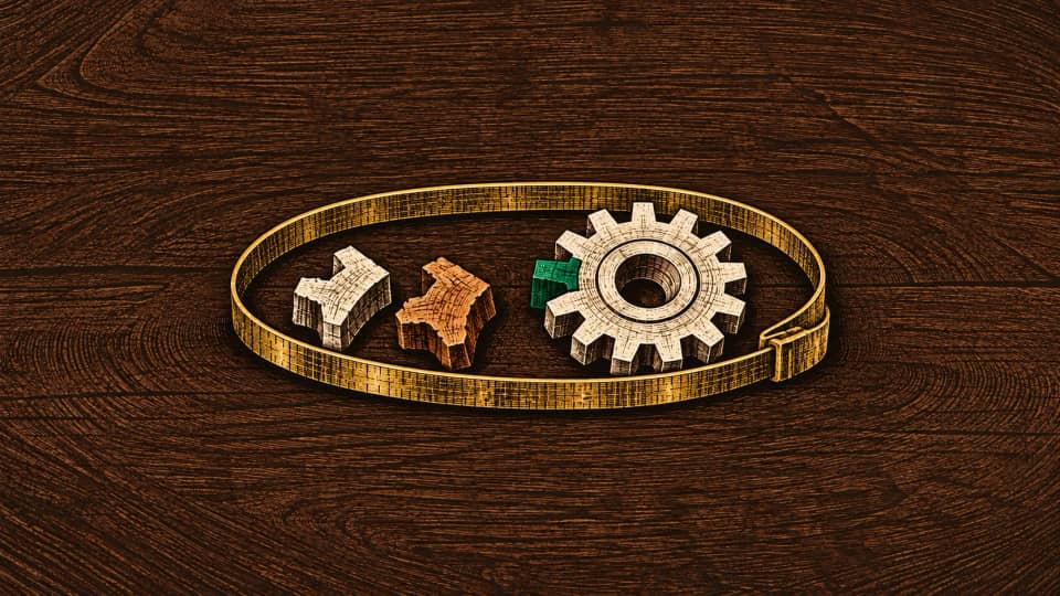 A broad measuring tape encloses a repaired emerald-toothed wheel and two discarded trial pieces.