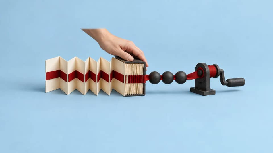 A crimson ribbon stays threaded through a compressing accordion booklet and holds a crank behind three queue beads.