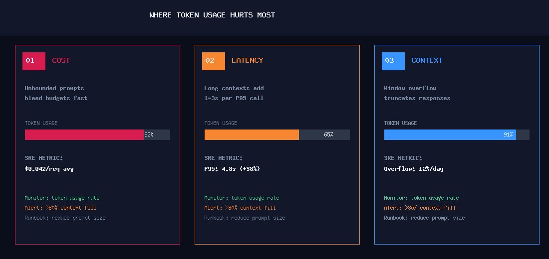 Three token pressure points: cost, latency, and context overflow affecting AI reliability